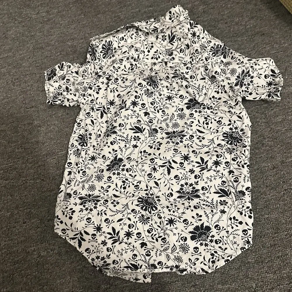 Boys Polo Ralph Lauren Skull Print Floral Black White Button Up Short Sleeve S